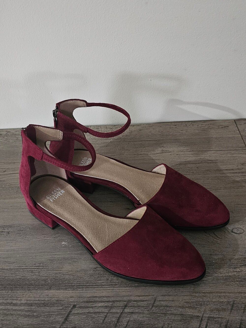 Eileen Fisher Hutton Suede Ankle Strap Flat cerise deep red burgundy maroon 8